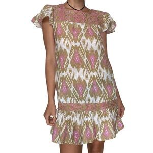 🥒 Nimo With Love Anthropologie Bouganvilla Linen Natural Print Mini Dress XS